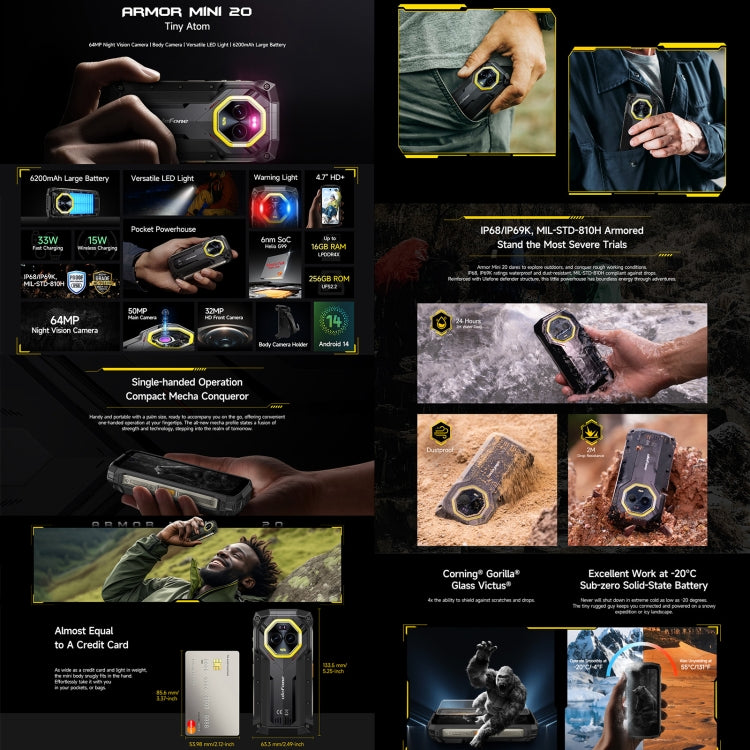 Ulefone Armor Mini 20, Night Vision, 8GB+256GB, IP68/IP69K Rugged Phone, 4.7 inch Android 14 MediaTek Dimensity 6300 Octa Core, Network: 4G, NFC, OTG Ulefone Armor Mini 20, Night Vision, 8GB+256GB, IP68/IP69K Rugged Phone, 4.7 inch Android 14 MediaTek Dimensity 6300 Octa Core, Network: 4G, NFC, OTG